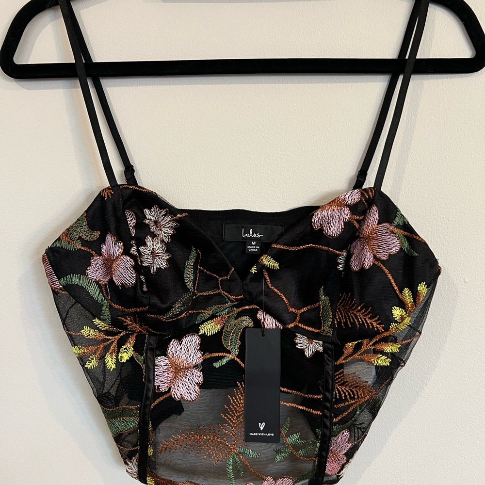 Lulu's Black Mesh Top with Colorful Embroidery
